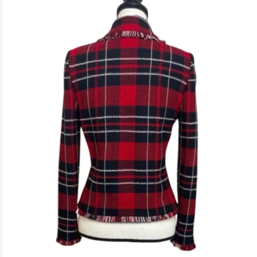 2 pc St. JOHN knit fringe jacket Plaid Red suit gold Black Women's Pants Set - Picture 4 of 17
